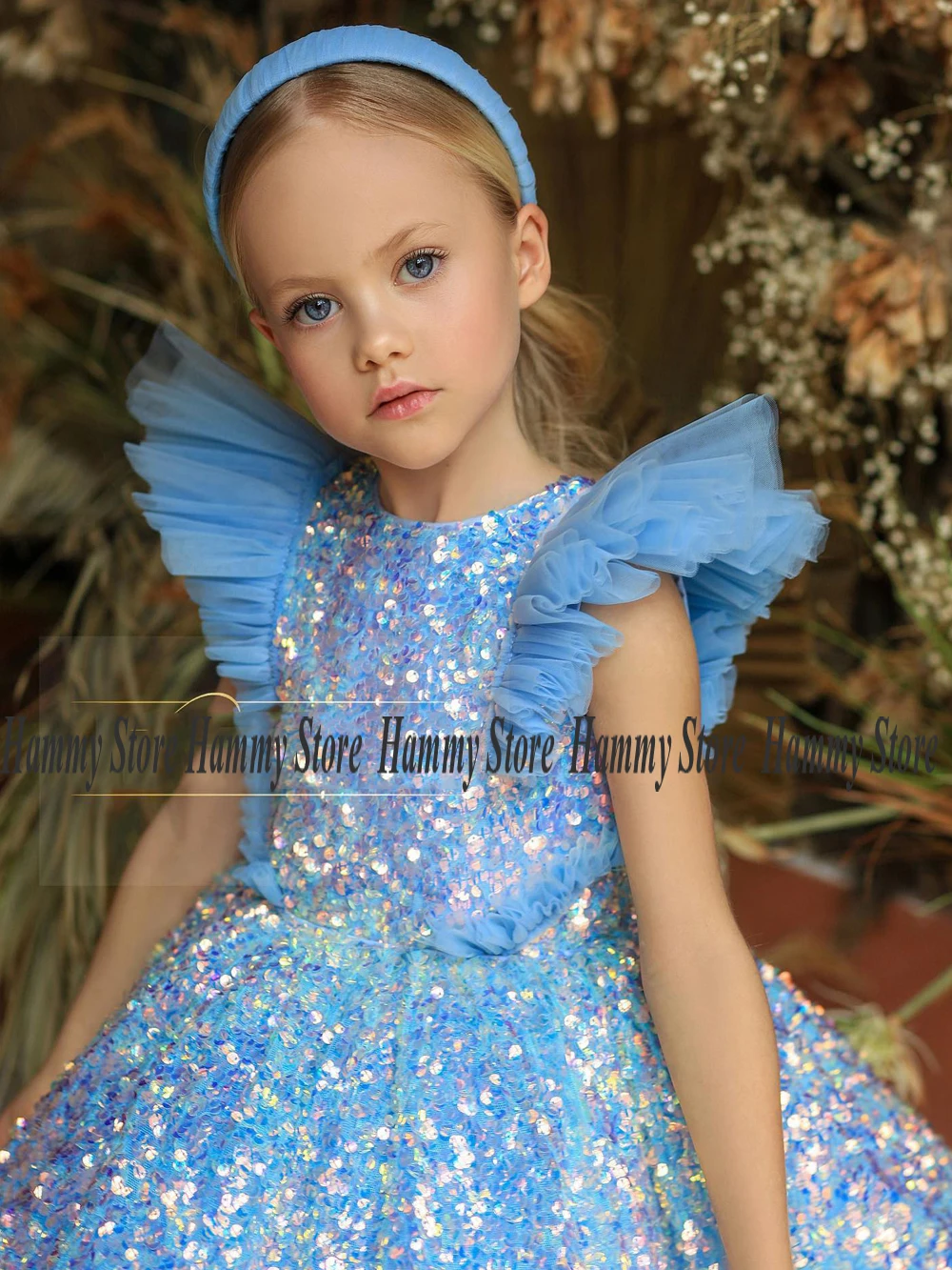 Glitter Sequin Flower Girl Dresses Ruffles Tulle Sleeves O Neck Puff Knee Length Girls Party Dress for Birthday Pageant Gown