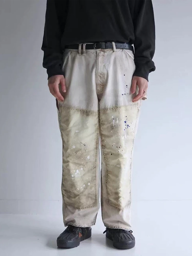 

Винтажные японские брюки свободного кроя с эффектом потертости и брызг краски, в стиле рабочей одежды, для повседневной носки, с эффектом состаривания, для лесорубов