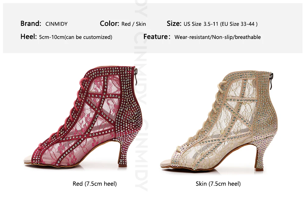 CINMIDY Damen Spitzen-Mesh-Tanzstiefel Weiche Sohle Salsa Tango Latein Tanzschuhe Pole Dance Party Schuhe – Detail 5