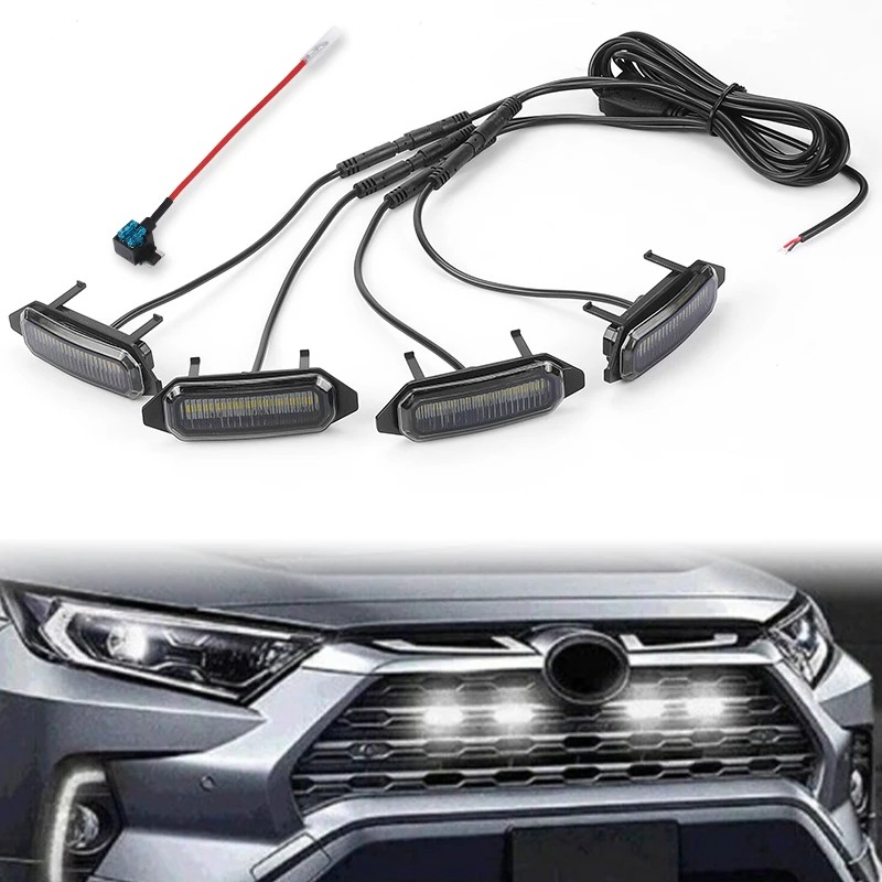 

4pcs Front LED Grill Lights For Toyota RAV4 2019 2020 2021 2022 Daytime Running Light With Wiring Harness White Amber Light 12V