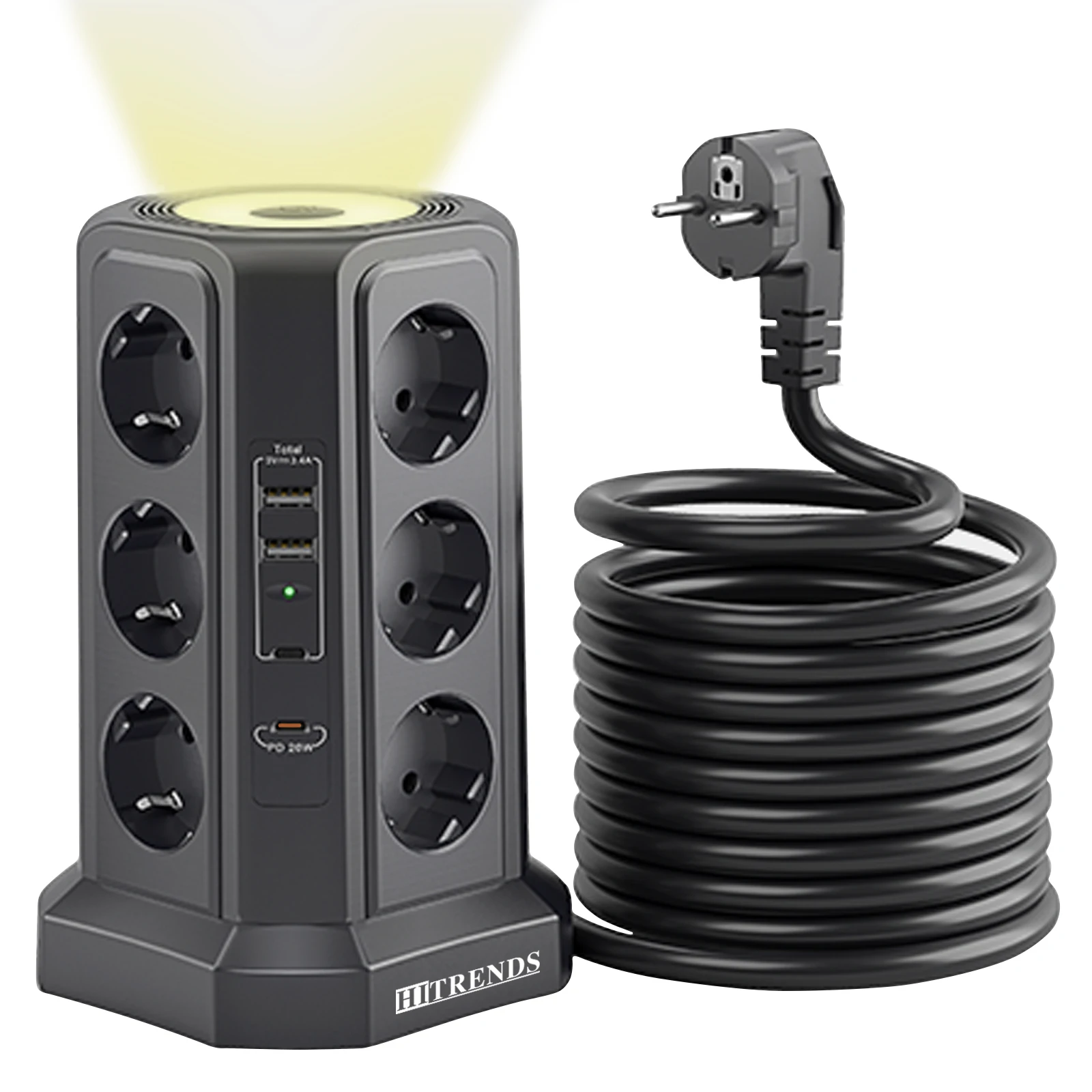 

12-Way Tower Outlet with USB C PD 20 Watt, Dimmable Night Light with Pushbutton, with 4 USB, 1.8m Extension Cord