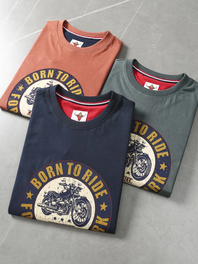 2025 Summer American Retro Short Sleeve O-neck Letter Motorcycle Printed T-shirt Men's Fashion 100% Cotton Washed Casual Tops