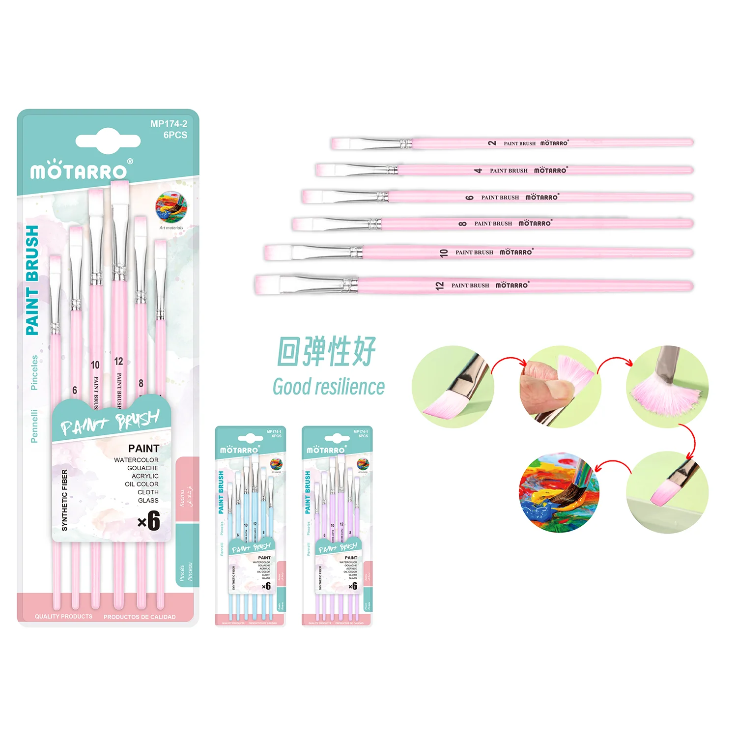 MOTARRO 6pcs Flat Tip Brushes Set, Macaron Blue Pink Purple Nylon Hair Artist Brushes, Smooth Stroke for Acrylic Watercolor Goua