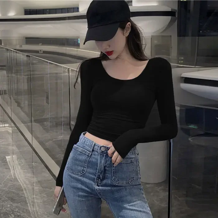 Woman TShirts Top Women\'s Tight Low-Necked Sexy Short Slim Long Sleeve T-shirt Crop Top Mujer Camisetas