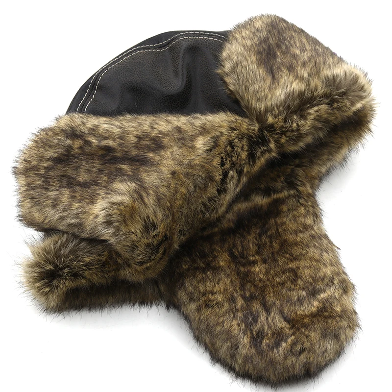 Bomber Hats Winter Men Warm Russian Ushanka Hat with Ear Flap Pu Leather Fur Trapper Cap Earflap for Women