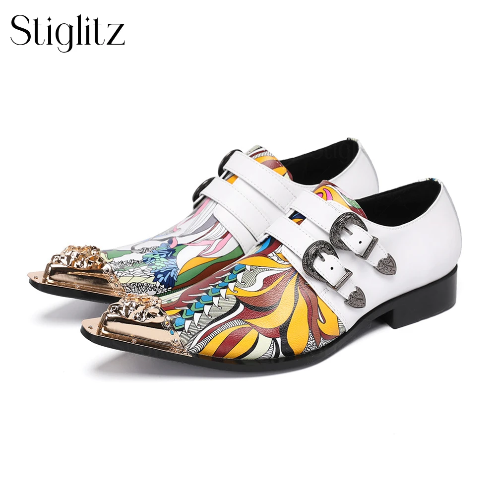 

Gold Metal Pointed Shoes Novelty Colorful Painted Leather Shoes Fashion Style Designer Handmade Shoes Buckle Men's Leather Shoes