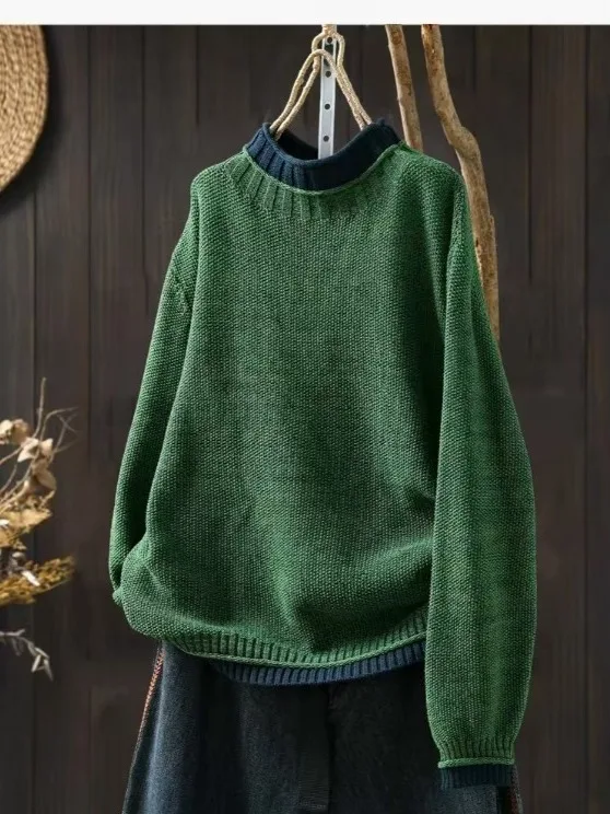 

Loose Fit Color Blo f High Collar Cotton Sweater Autumn Winter New Sle Women's Comfortable Casual Knitwear