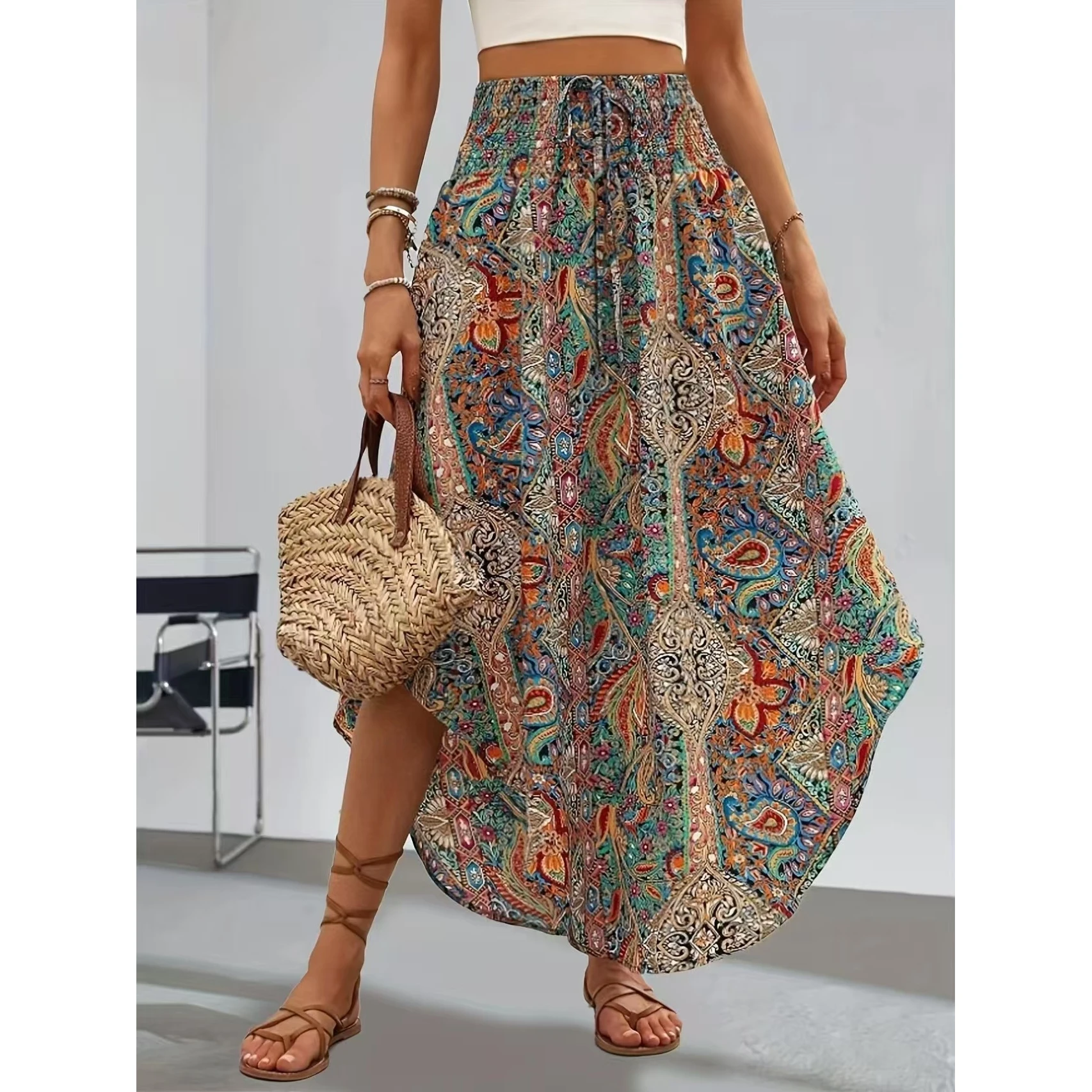 New Bohemian Personalized Print A-Line Skirt Spring Summer Cross-Border Ethnic Style Commute Polyester Fabric Irregular Skirt