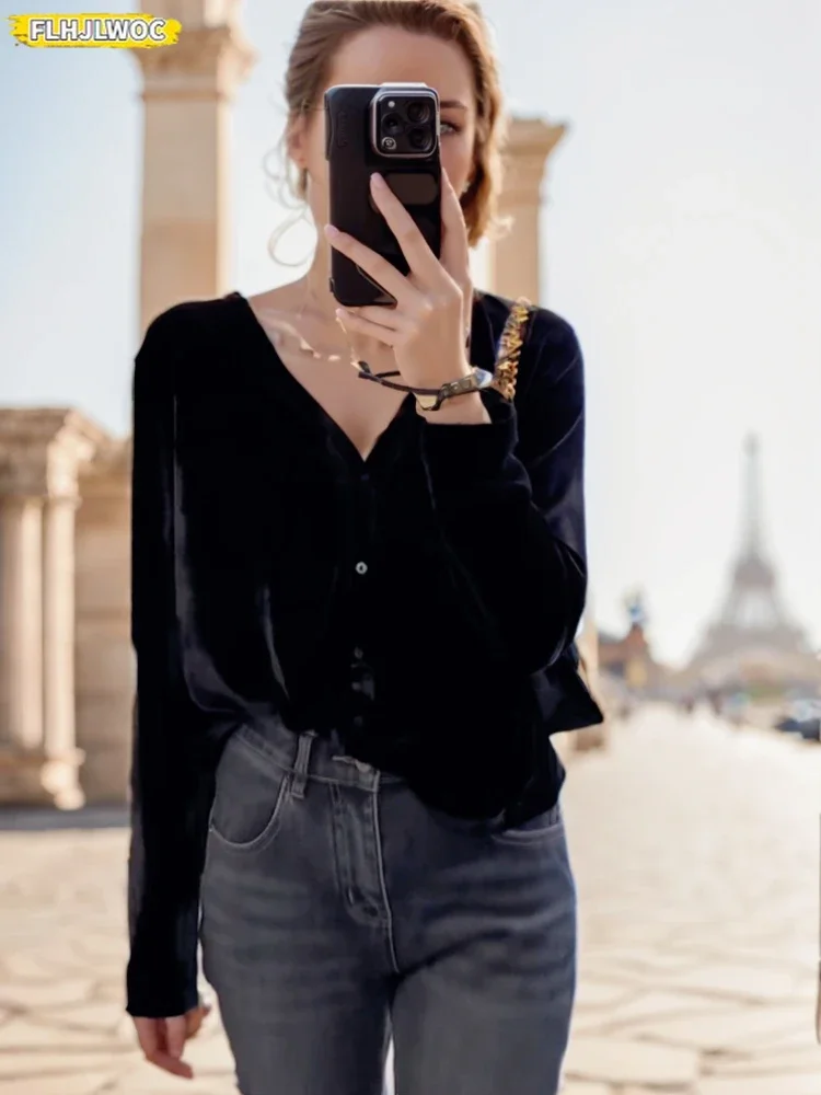

Black Velvet Tops Blouse New Design Women Autumn Winter Retro Vintage Long Sleeve V Neck Basic Wear Button Shirts