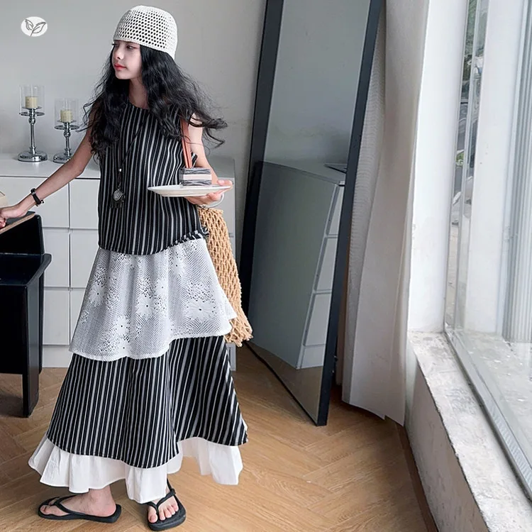 

Summer Girls Outfits Set Sleeveless Stripe Vest Lace Trim Skirt 2pcs Trendy Casual Vacations Teen Kids Costume Age 5-14 Clothes