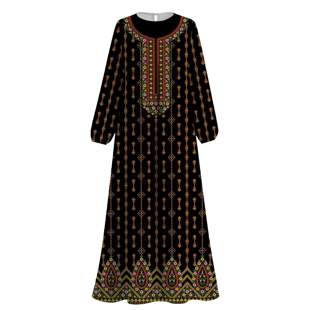 2024 Demure Muslim Women\'s Print Abayas Ramadan Ethnic Clothing Female Islam Abaya Round Neck Dubai Turkey Robe African Dresses