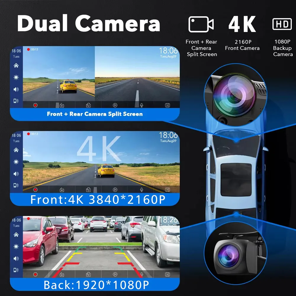 4K 3840*2160P Dash Cam Carplay Android Auto GPS 5G WIFI FM BT Car Dvr Dual Lens Black Box Dashcam Truck Camera Drive Recorder view 3