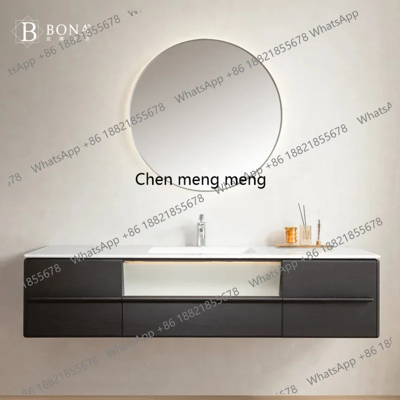 

Modern simple bathroom cabinet combination solid wood paint marble countertop seamless ceramic basin washstand