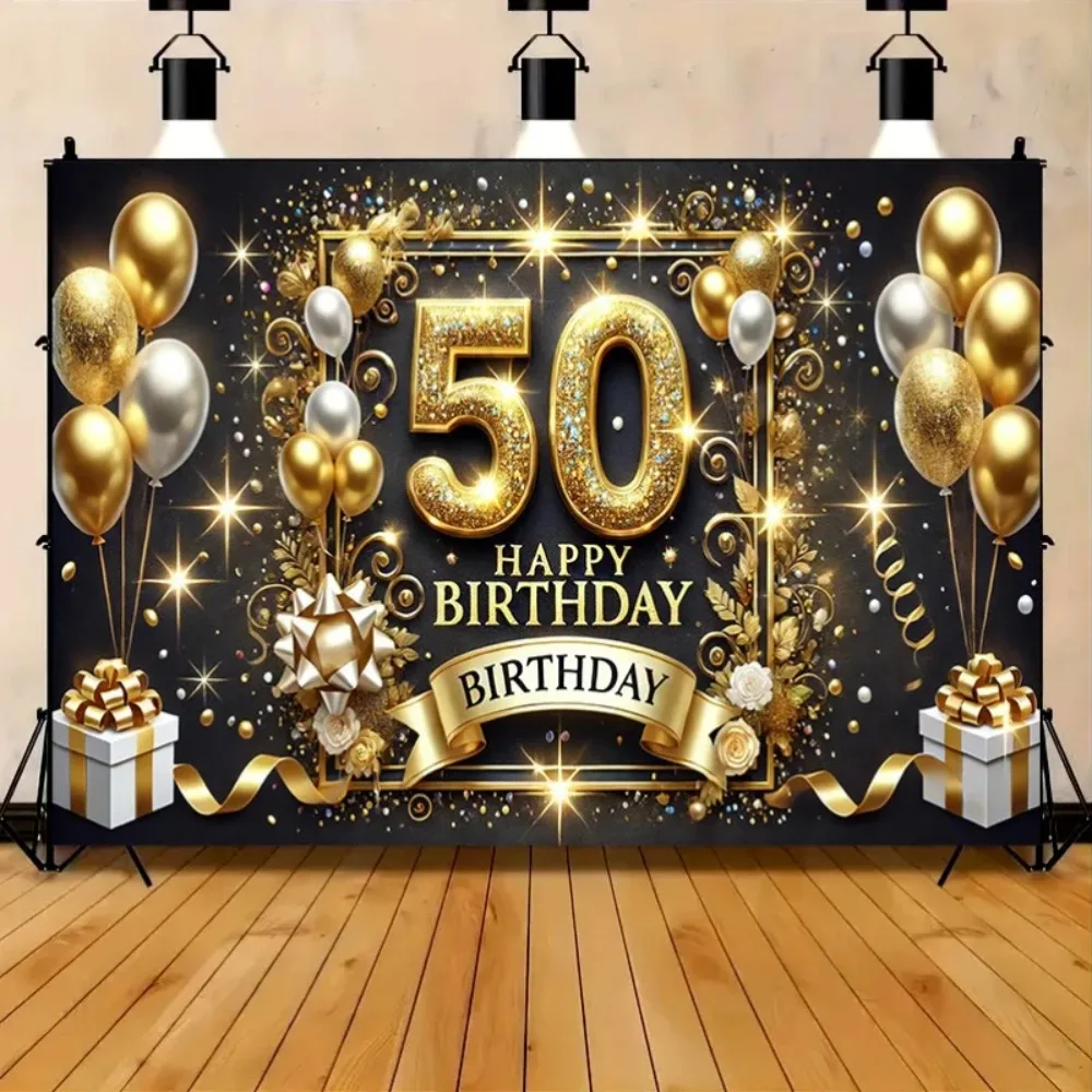 Schwarz-goldener Ballon-Geschenk-Pailletten-Themenbanner-Hintergrund, Geburtstagsparty für Erwachsene, Heimdekoration, Fotostudio-Hintergrund