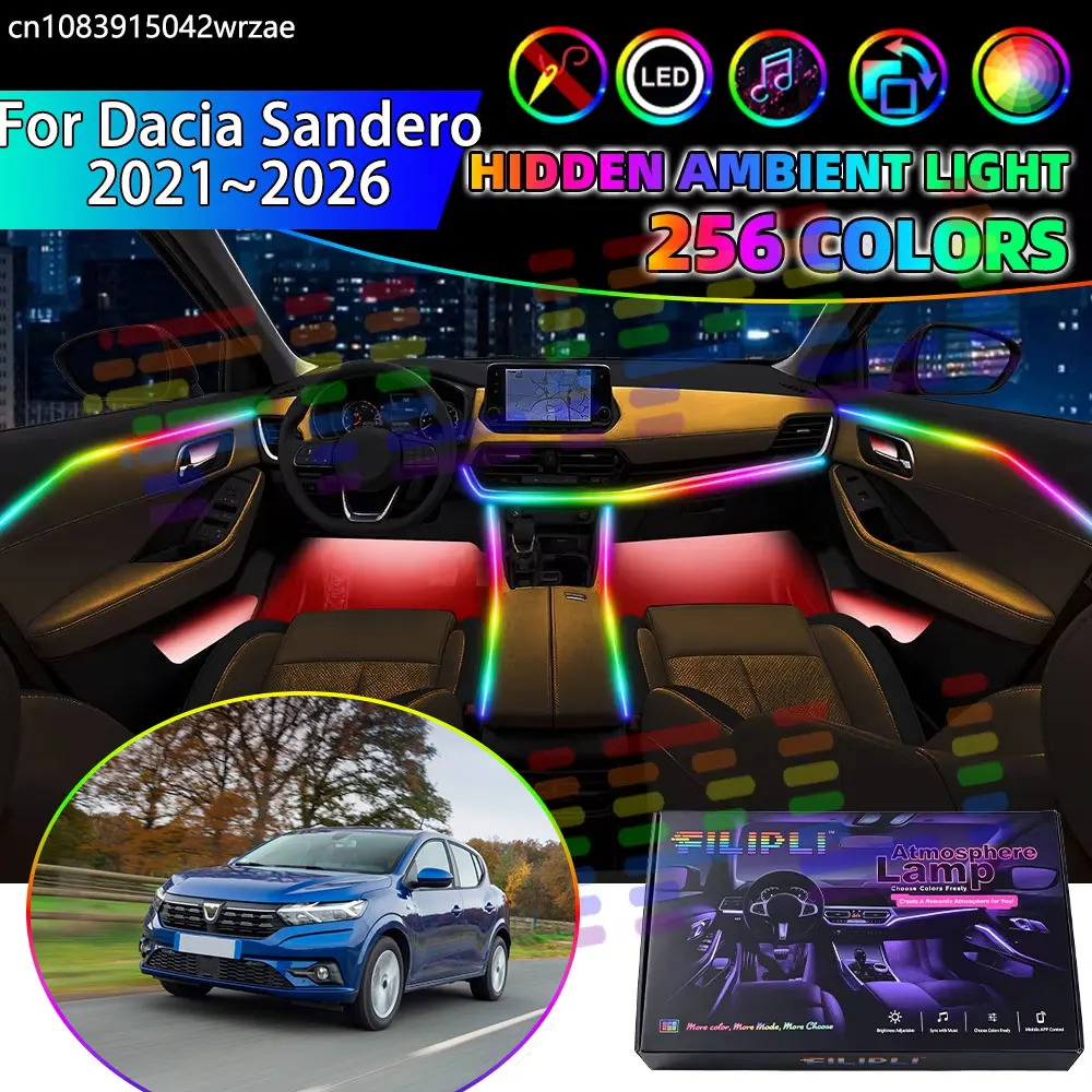 For Dacia Sandero 2021~2026 BJI MK3 2022 RGB Car Interior Ambient Lights Strips Breathing Lighting Kit App Control LED strips