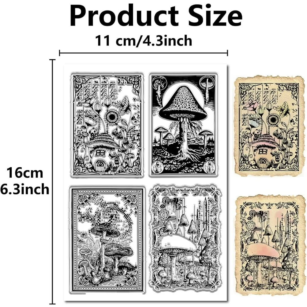 4 Style Mushroom Clear Rubber Stamps Vintage Mushroom House Transparent Silicone Stamp Seals for Card Making Background Decor