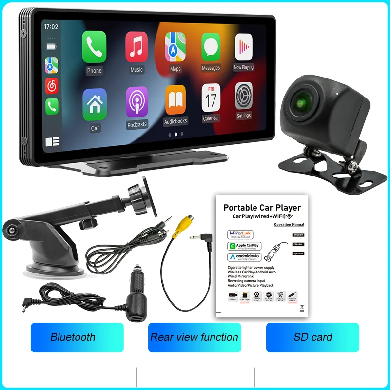 BQCC 10,26 inch draagbare draadloze Carplay-scherm HD achteruitrijcamera autoradio DVR MP5 multimedia videospeler Android Auto