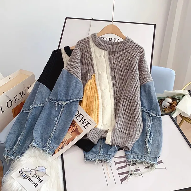 Loose Lazy Knitting Jacket, Pullover, Denim Sleeves, Splicing, Fashionable, Comfortable, Leisure, Autumn and Winter