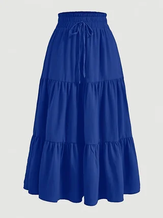 Falda Half-Length Skirt. Cintura Alta Elástica Con Cordón, Falda Pastel De Tres Capas Volantes Sólida, Falda Larga Holgada Para