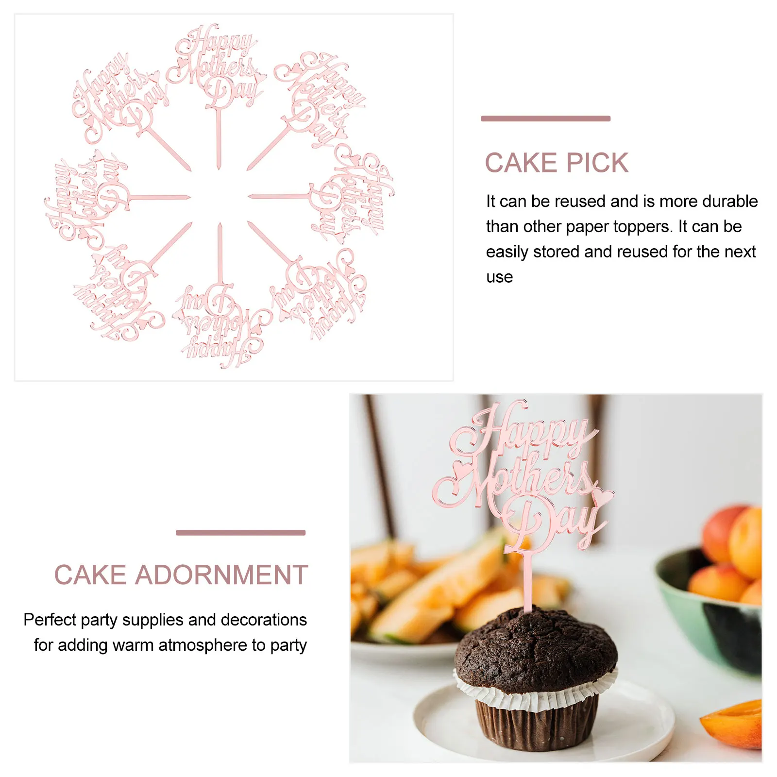

10Pcs Mother's Day Cake Toppers Reusable Acrylic Cupcake Picks Party Dessert Cake Decor Supplies Festive Cupcake Pick