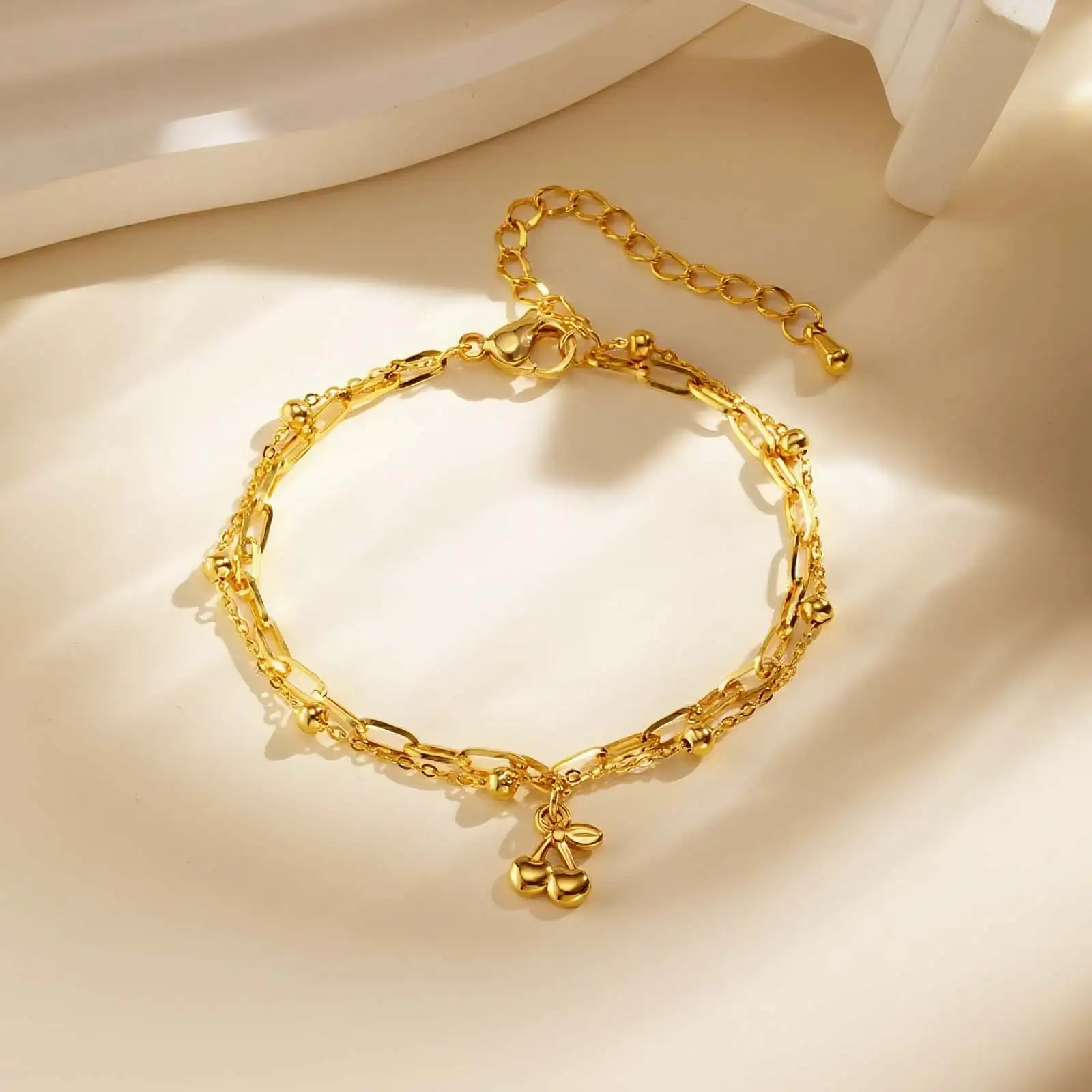 

Stainless Steel Double-layer Cherry Drop Bracelet,Gold Color Women's Bead Link Chain Bracelets,Chic Jewelry Gift