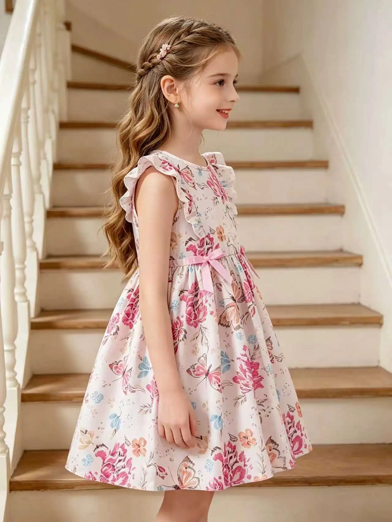 Sweet Pink Floral Bow Waist Princess Dress for Girls, Kids Floral Butterfly Flutter Sleeve Dress