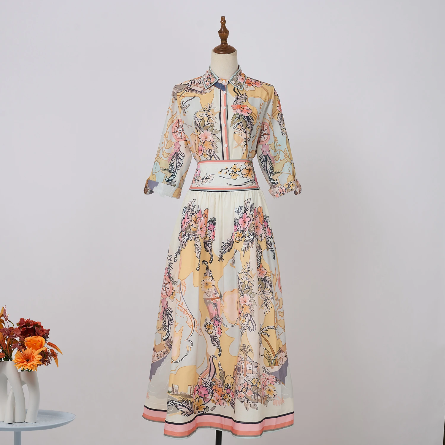 

Vaion 2025 New Linen Navigation Map Pattern Casual ort Sve irt Long f Skirt Women's Faion Autumn Collection