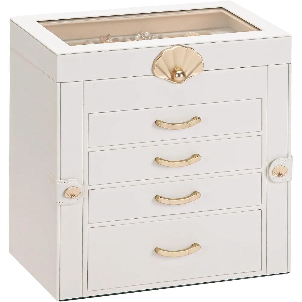 Jewelry Box with 4 Drawers: Display Organizer for Earrings Necklaces - Gift for Girls Women (White)