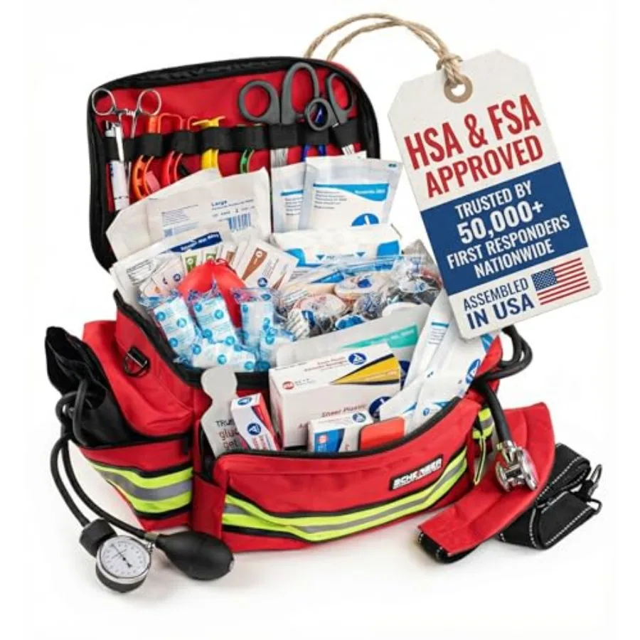 

First Responder Trauma Kit for EMT/EMS Professionals with Red Reflective Bag and 200+ Supplies in 8 Zippered Pockets - HSA/FSA