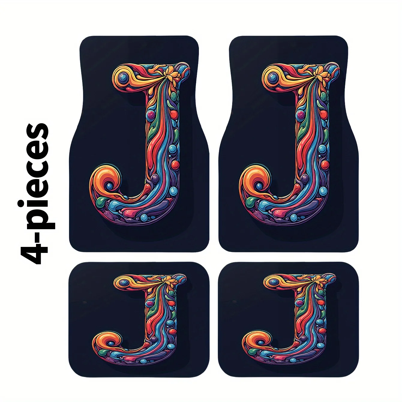 A Set Of Four Car Floor Mats Featuring Colorful Artistic Letter J Designs, Made From Polyester Material Suitable For All Car Mod