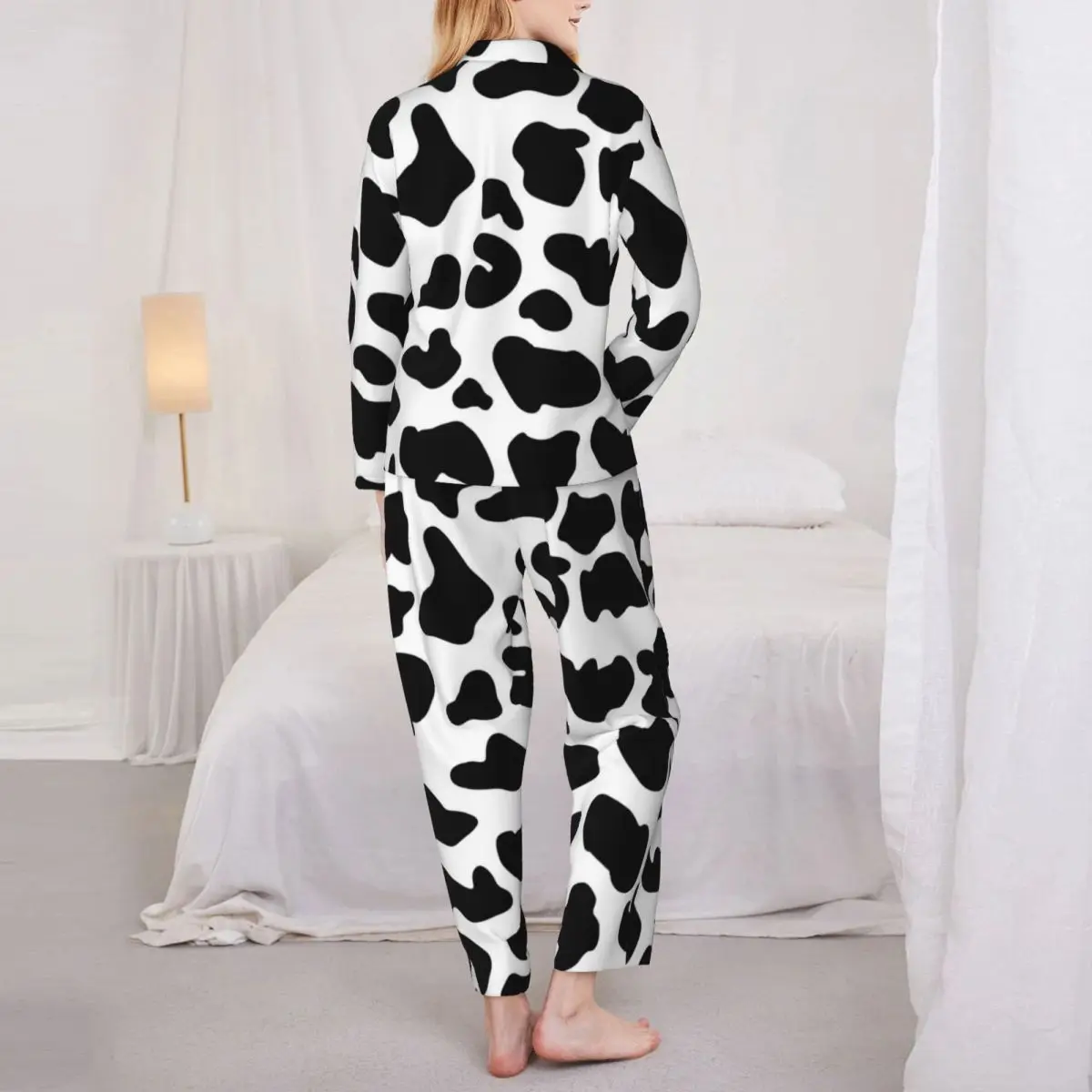 Cow Print Pajama Set Autumn Farm Animal Cute Home Sleepwear Women 2 Pieces Retro Oversized Pattern Nightwear Birthday Present