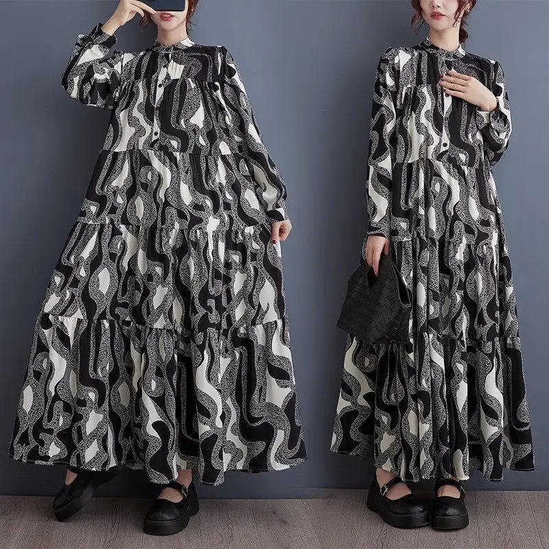 

2024 Spring Literary Loose Korean Fashion Print Dress Temperament Casual Stand Neck Versatile Long Dress Shirt Female Robe z4215