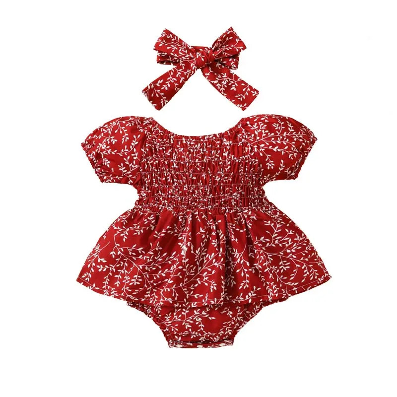 

0-18 Months Baby Romper Set Girl Clothes Lantern Sleeves Printing Bodysuit with Hairband 2Pcs Sets Summer Baby Girl Outfits