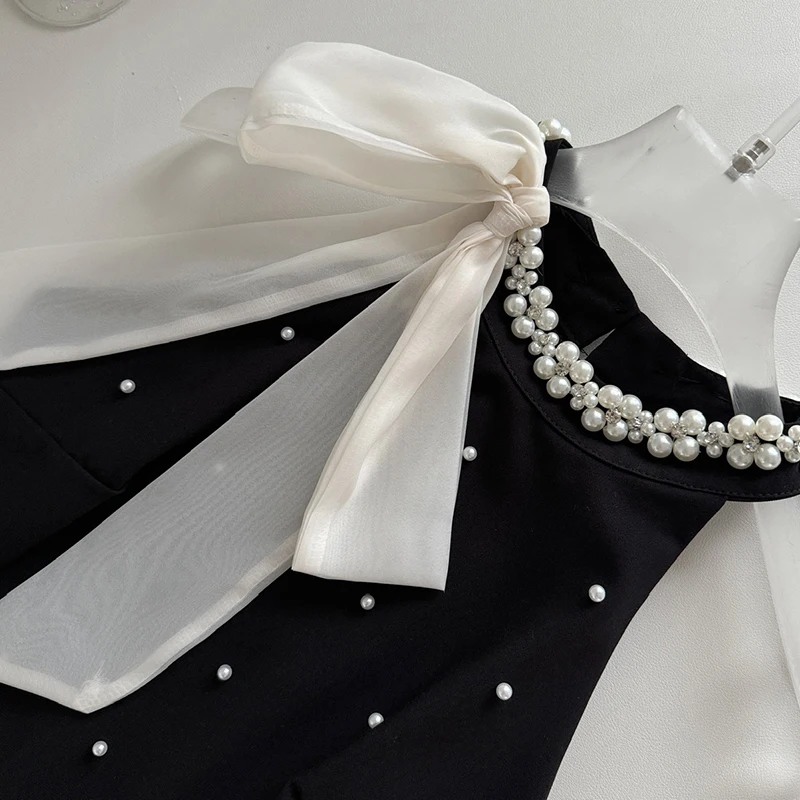 Women'S O-Neck Beaded Color Block Black Mini Skirt Summer Sleeveless Chic Dress