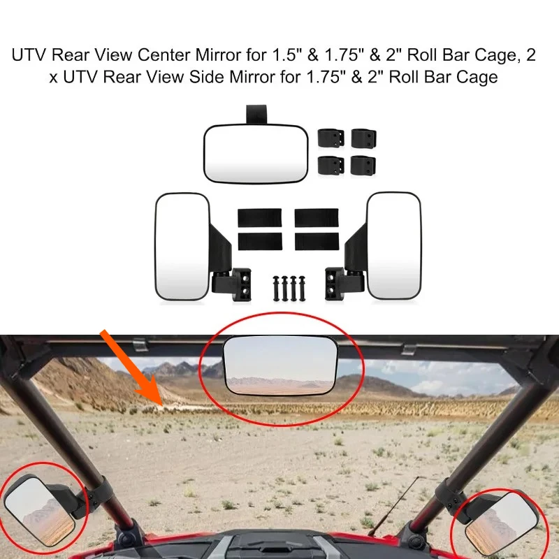 

UTV Rear Side Mirrors 1.75" to 2" for Rangers,RZR with All 1.75" or 2" roll Cages,Rhino,Gator XUV,Pioneer,800R, 1000,Max 800R
