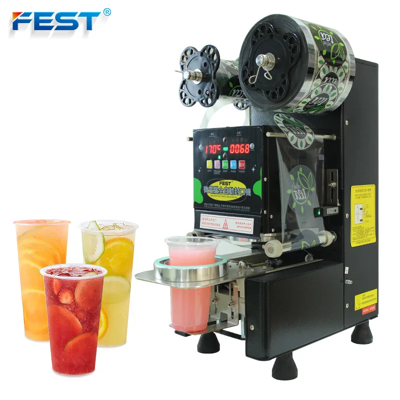 FEST Commercial Paper Plastic Container Sealer Full Automatic Bubble Milk Tea Boba Cup Sealing Machine