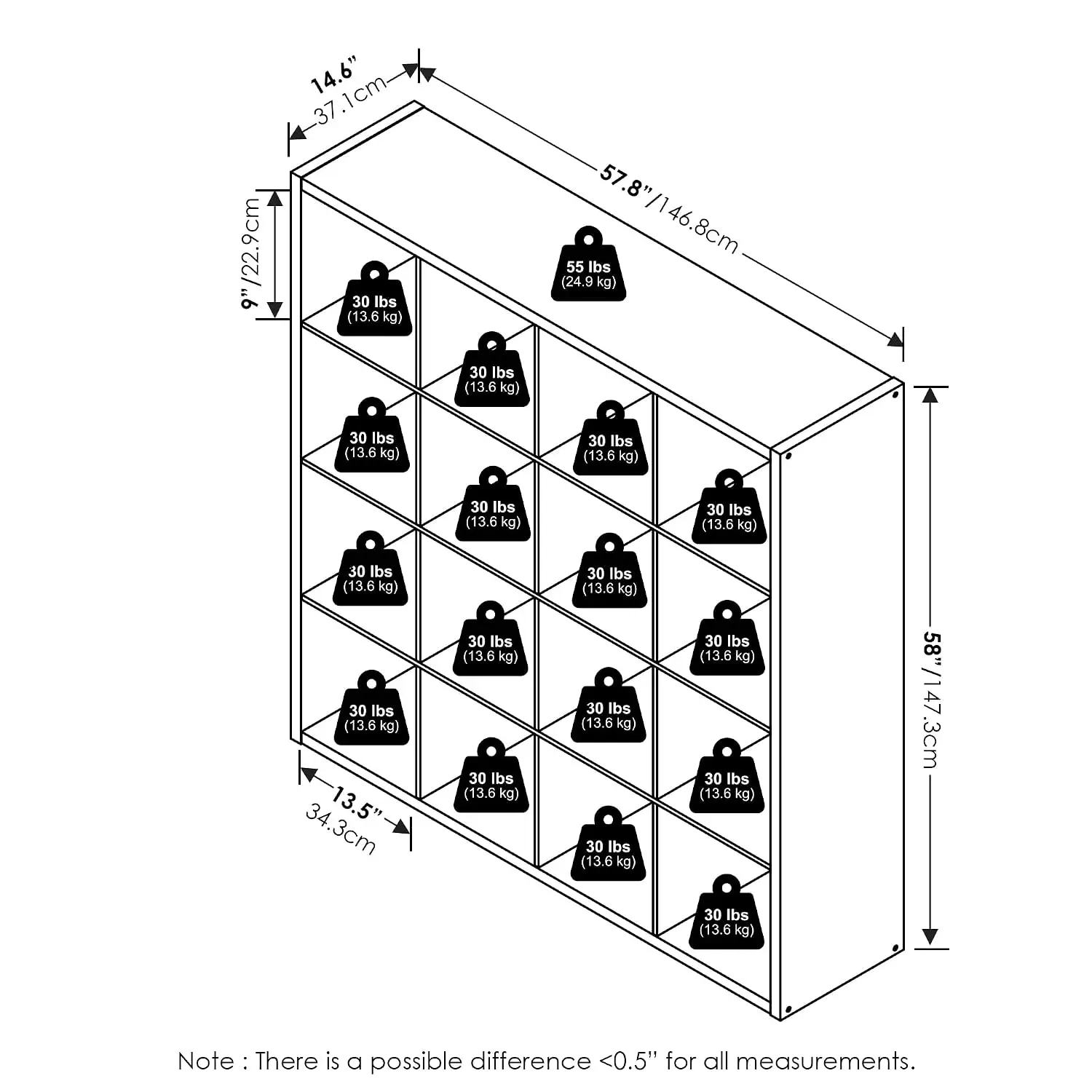 16-Cube Storage Shelf Organizer with Open Back, Reversible Position, 15x58x58, Home Office & Living Room, Customized