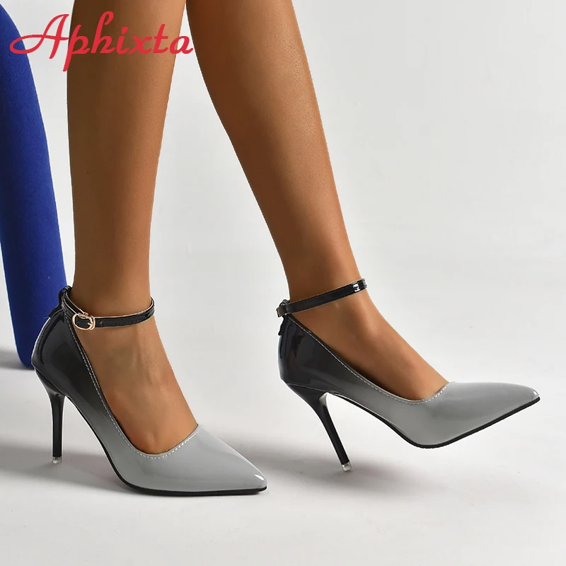 Aphixta novo 10cm saltos stiletto bombas gradientes sapatos femininos couro patente tornozelo cinta super alto apontou toe super grande 48 49 50