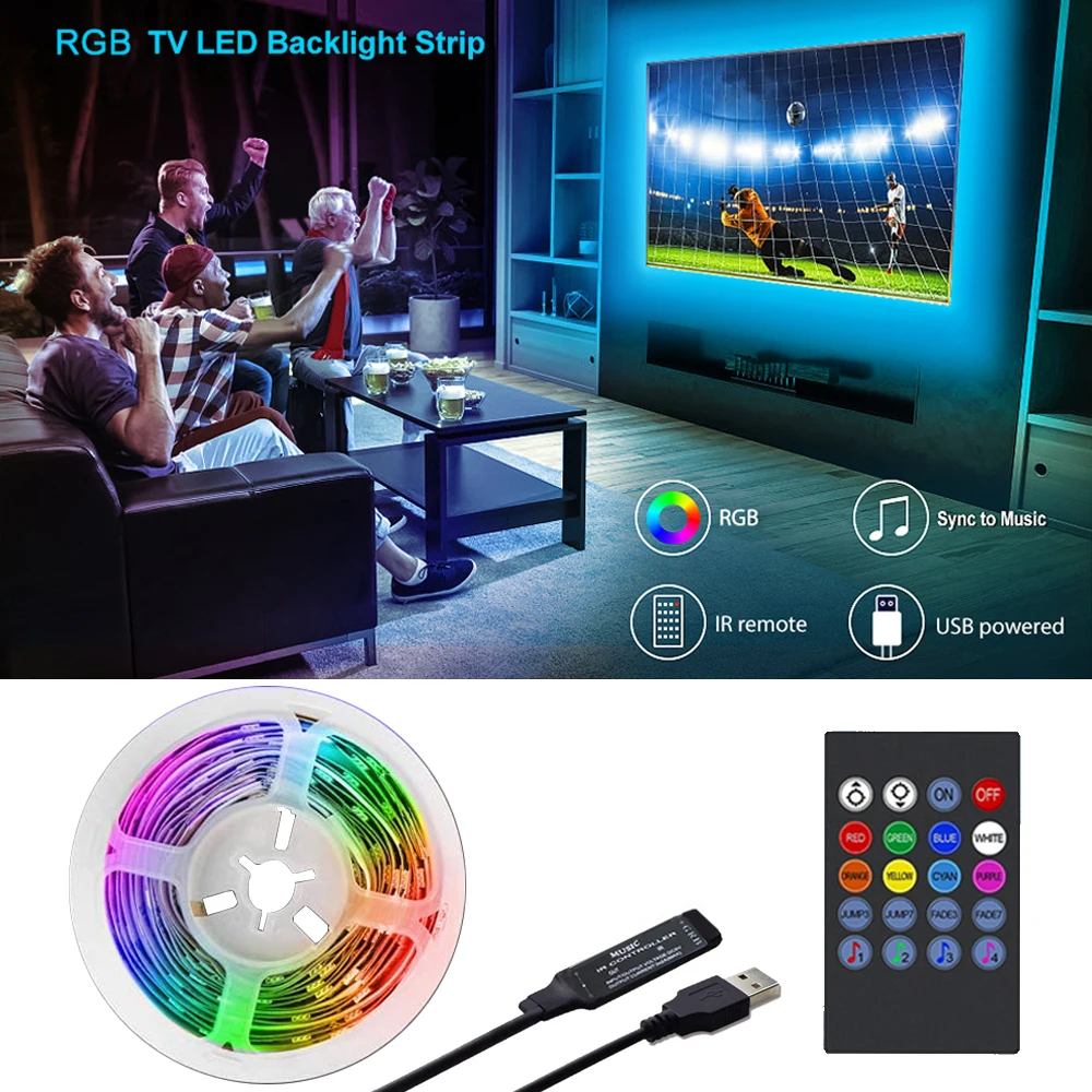 Luz de fundo de TV sincronização de música USB alimentada por RGB LED Strip Light para TV de 15 - 80 polegadas, espelho, PC