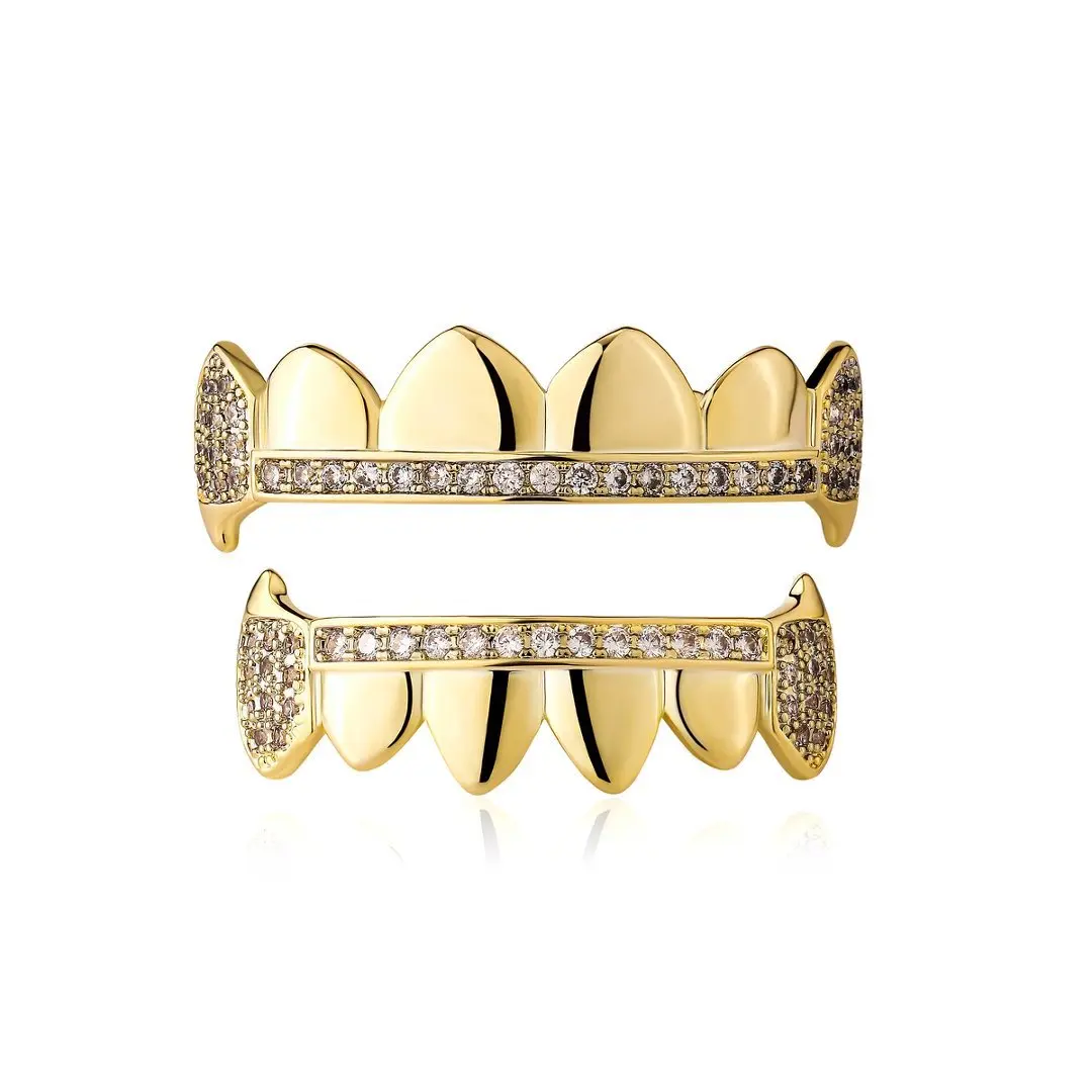 Top Bottom Grillz Set Smooth Teeth With Side Paved Zircon Copper Iced Out Grillz Hip‑Hop Rapper Party  Accessory Silver Gold