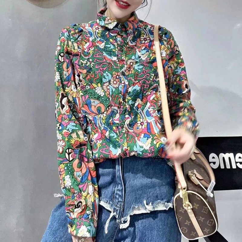 Women\'s Vintage Floral Printed Harajuku Shirt Fashion Lapel Long Sleeve Loose Blouse Spring Autumn Casual Chic Tops Blusas Mujer