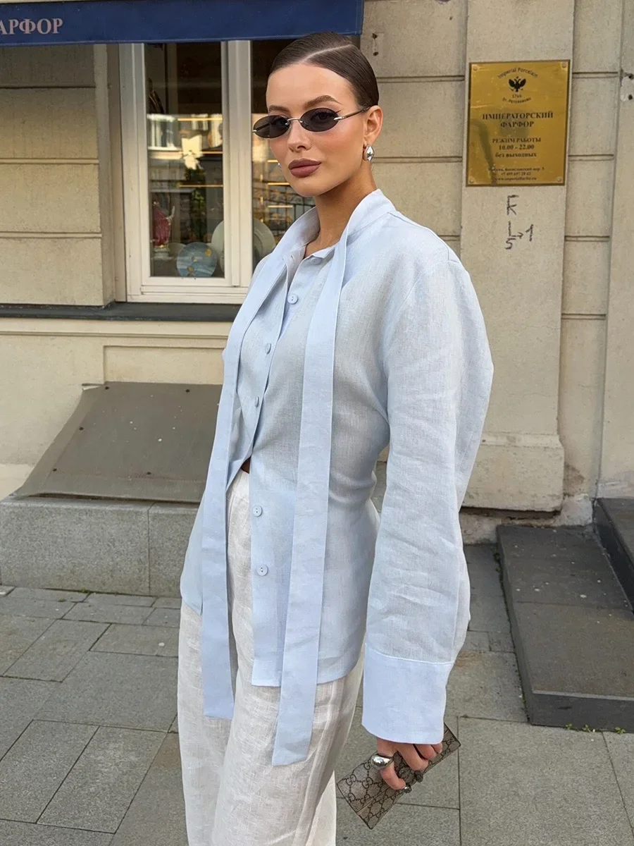 

Fmxires Fashion Women's Blouses Autumn Solid Slim Lace-up Ribbon Shirt Cardigan New High Street Casual Chic Female Blouses Tops