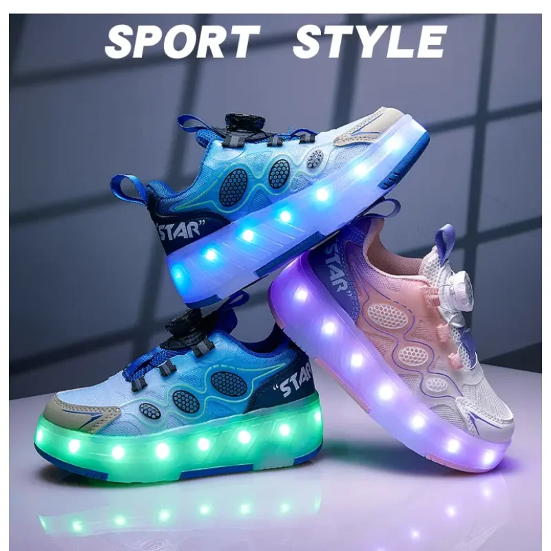 롤러 스니커즈 키즈 스포츠 체육관 신발 롤러 스케이트 4 바퀴 USB 충전 조명 신발 소년 소녀 캐주얼 스케이트 보드 신발