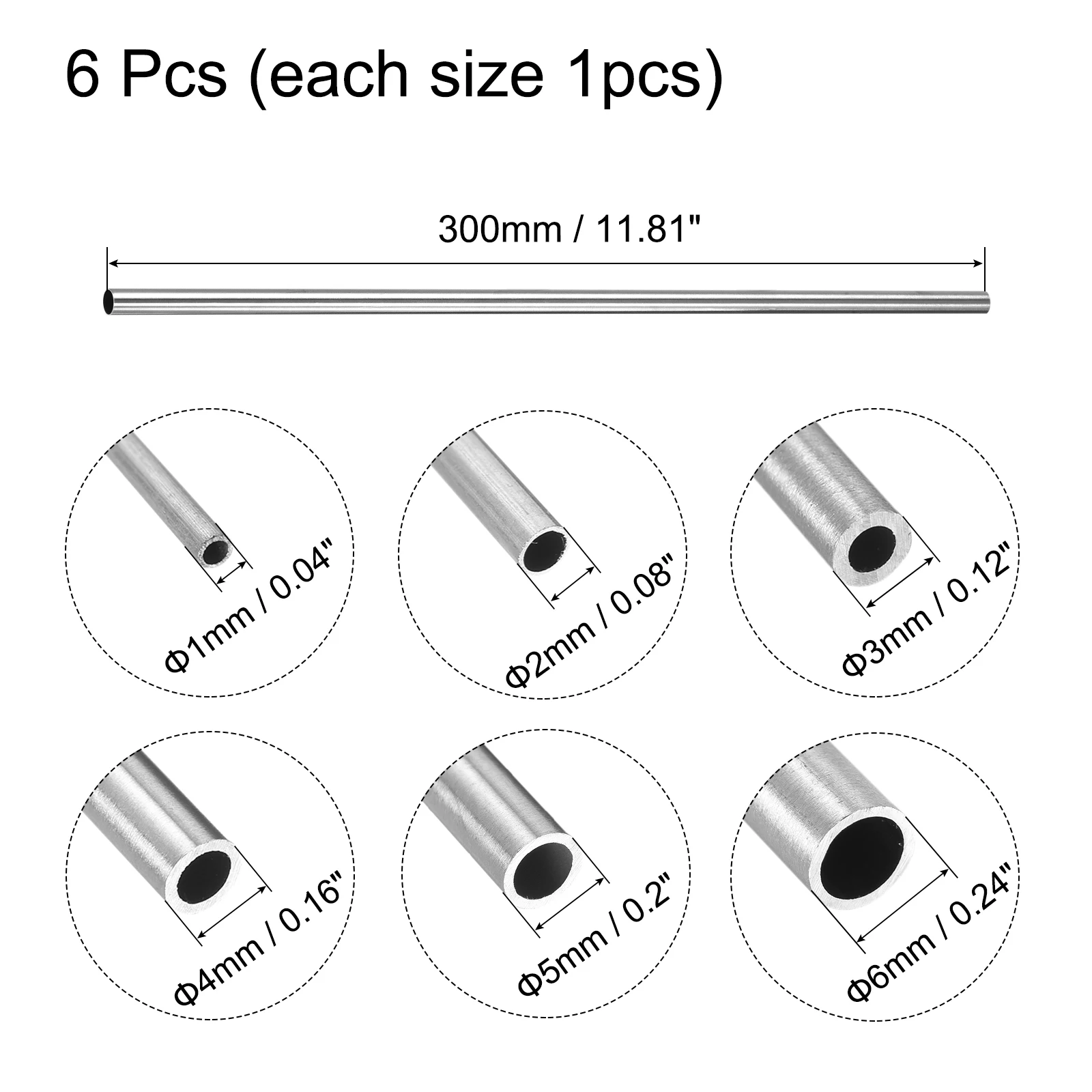 

6 шт. трубка из нержавеющей стали 304, 1 мм, 2 мм, 3 мм, 4 мм, 5 мм, 6 мм, наружный диаметр 0,15/0,6 мм, 0,3/0,4 мм, толщина стенки, длина 300 мм, бесшовная прямая трубка