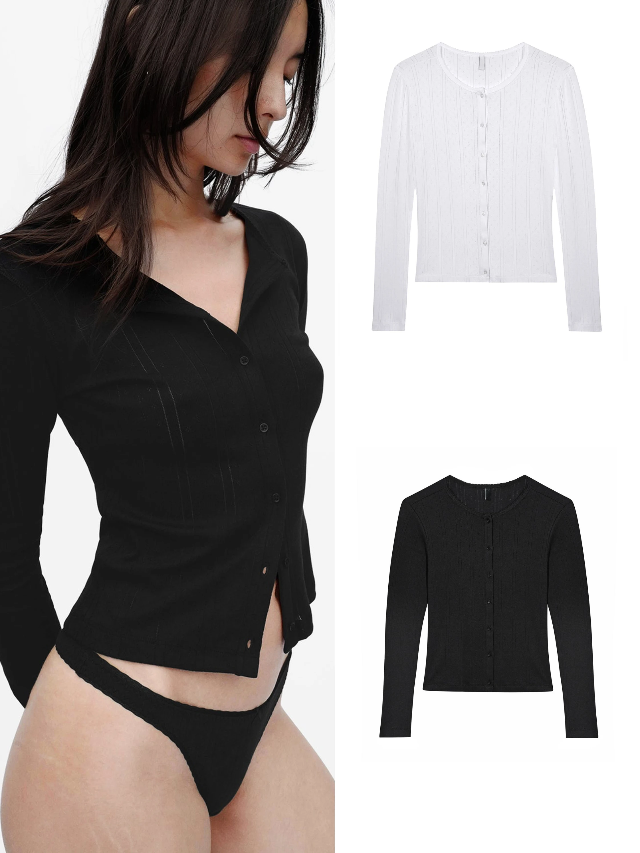 

Autumn Black Pure Cotton Button-Down Long-Sleeve Knit Top, White Casual Versatile Hollow-Out Floral Design Top, Winter Inner Wear Long-Sleeve Shirt