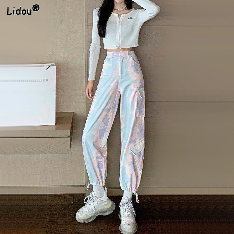 

2023 Women's Clothing New Streetwear Thin Spring Summer Loose Zipper Fashion Casual Pockets Button Printing High Waist Pants