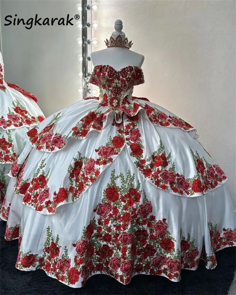 Vestido De quinceañera blanco mexicano 2024, Vestido De baile con flores rojas, apliques De cuentas y cristales, Vestido dulce 16, Vestido De 15 personalizado