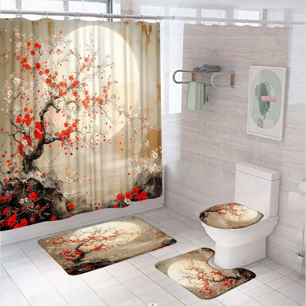 Red Floral Plum Blossom Bathroom Set Shower Curtain Non Slip Rug Bath Mat Toilet Cover Moon Garden Scenery Flower Bath Curtains