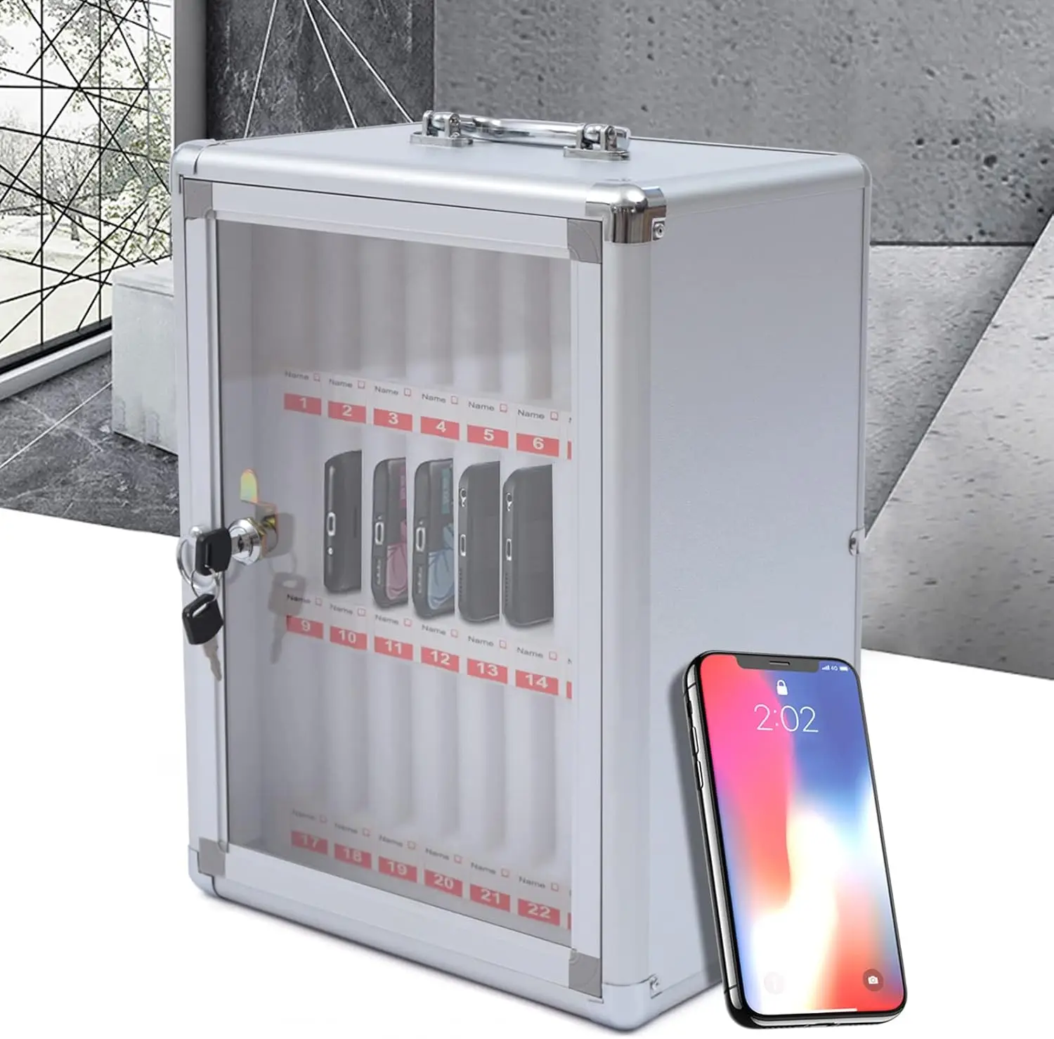 

24 Slots Cell Phone Storage Locker Cabinet 11''×8''×15'' Aluminum Alloy Wall-Mounted Mobile Phone Holder with a Lock