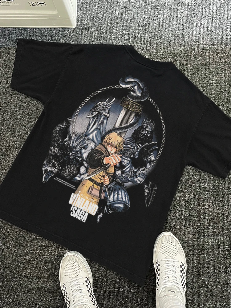 2025 الشتاء والخريف كامل الوقت فينلاند ساغا تي شيرتات قصيرة الاكمام الثقيلة القطن الخالص مطبوعة فضفاضة خمر النمط الأمريكي للجنسين #1